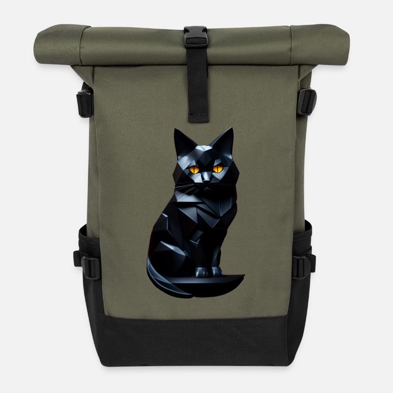 Chat noir de face origami - Sac à dos roll top - olive/noir