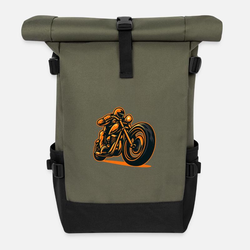 Flame Motorcyclist - Roll Top Backpack - olive/black