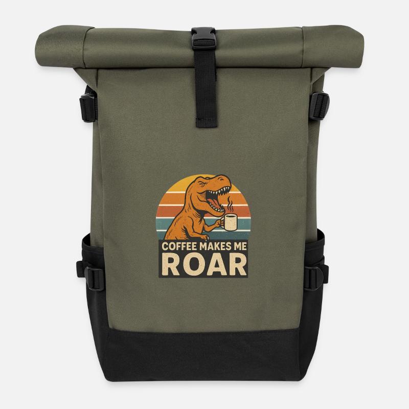 Dinosaur Coffee Roar Fun Design - Rolltop Rucksack - Olive/Schwarz