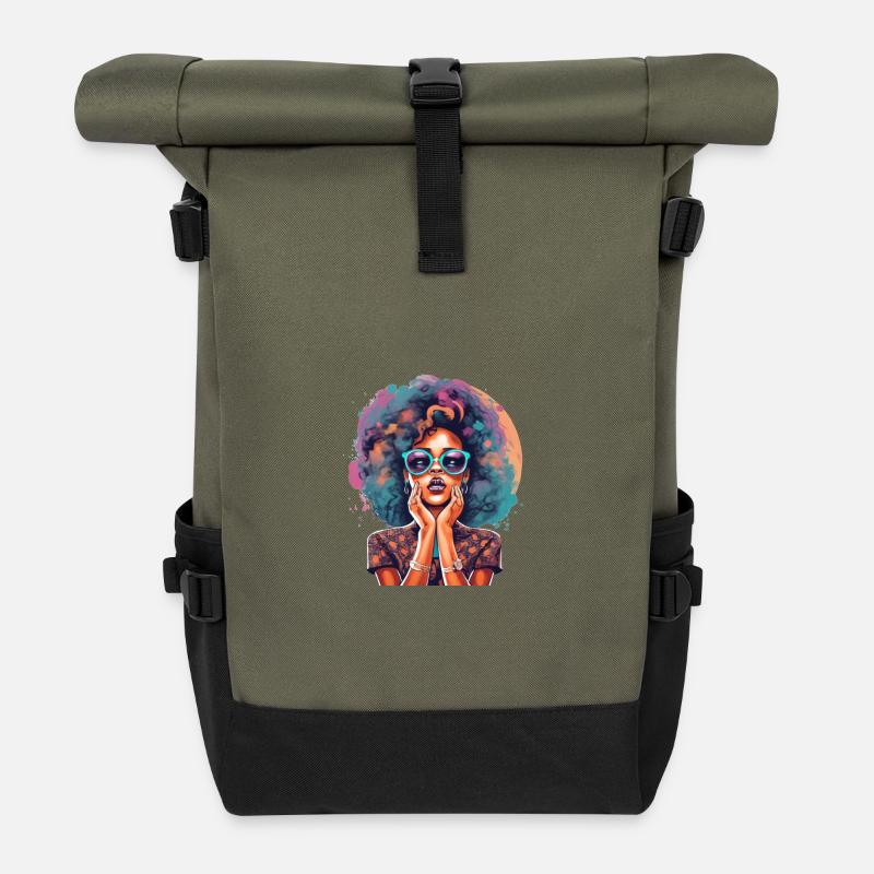 Afro Pop Portrait with Neon Glasses - Roll Top Backpack - olive/black