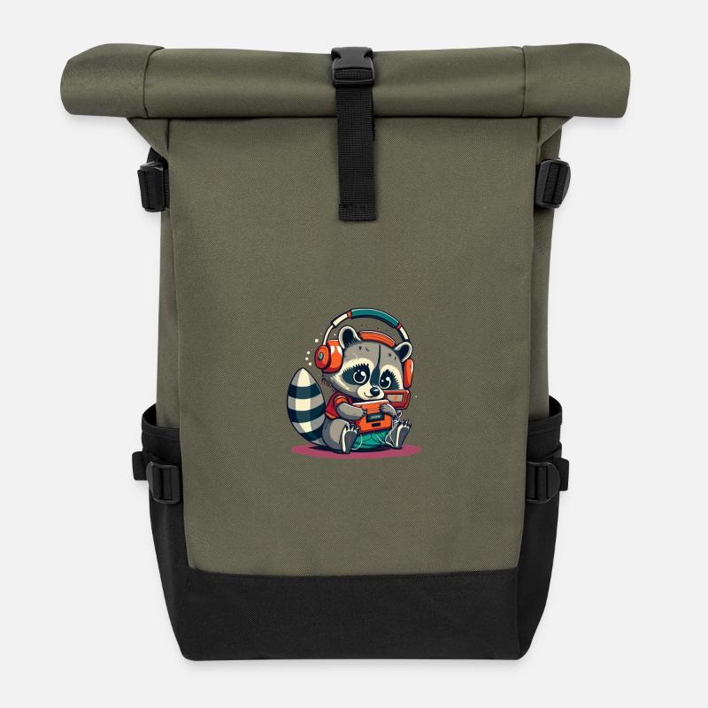 Raccoon Cassette Headphones - Roll Top Backpack - olive/black