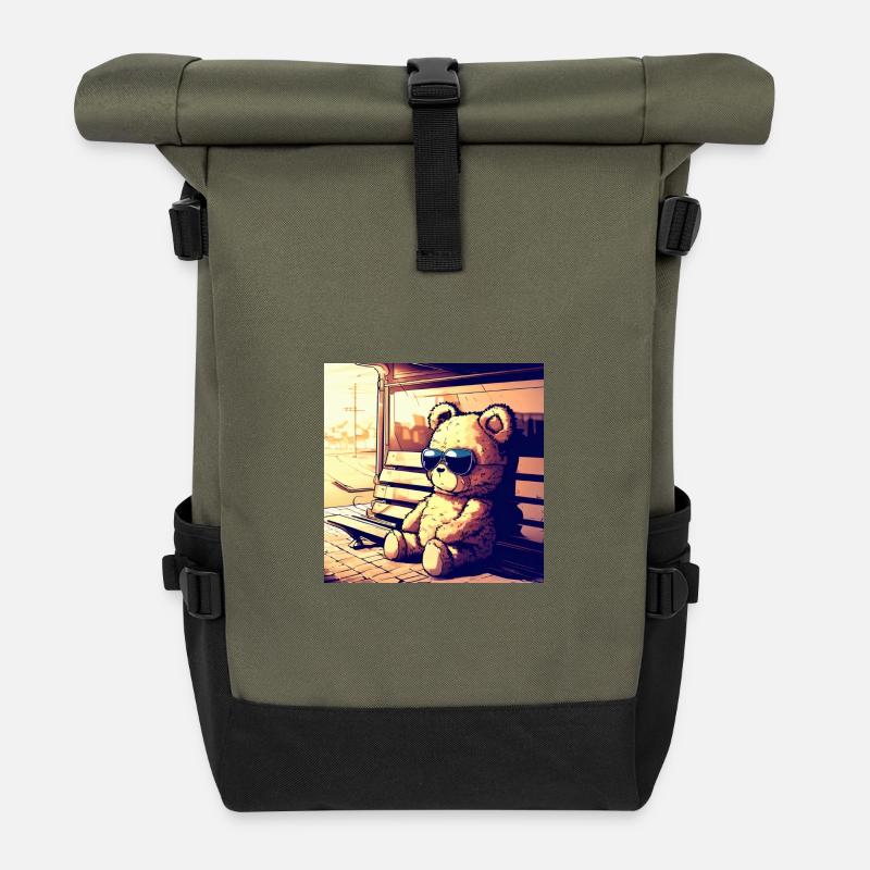 Teddy waiting Manga - Rolltop Rucksack - Olive/Schwarz