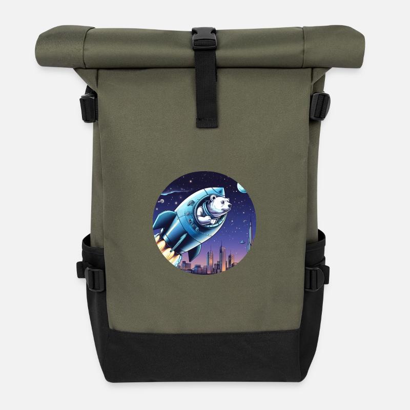 Rakete mit Bär hebt ab ins All vor Nachthimmel - Rolltop Rucksack - Olive/Schwarz