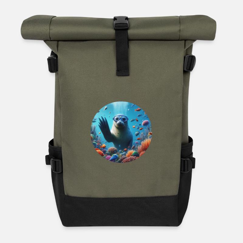 Robbe im Meer mit Taucherbrille - Rolltop Rucksack - Olive/Schwarz