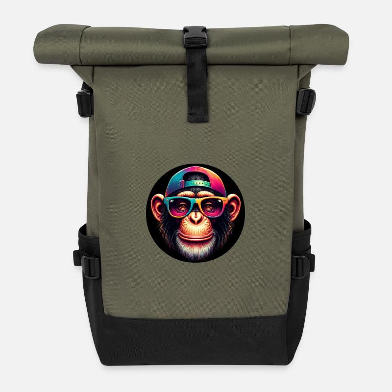 Lustiger Affe mit Cap und Brille - Rolltop Rucksack - Olive/Schwarz