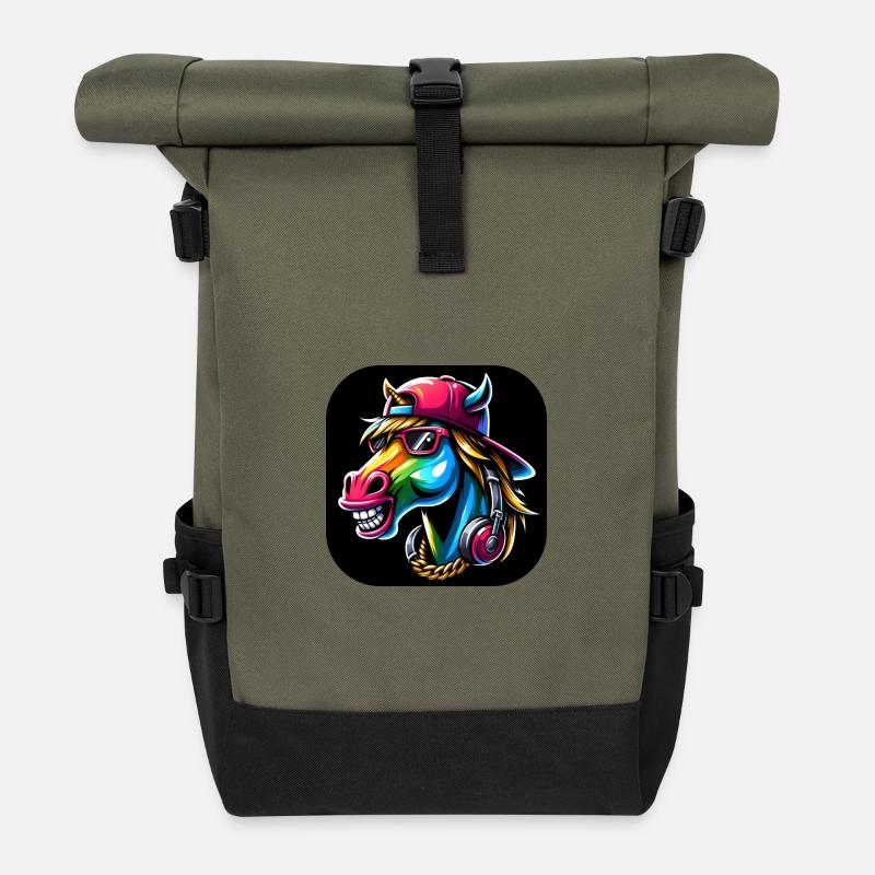 Dessin animé Cheval Rappeur Coloré - Sac à dos roll top - olive/noir