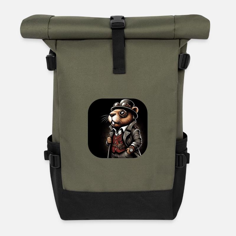 Biber im Steampunk Outfit - Rolltop Rucksack - Olive/Schwarz