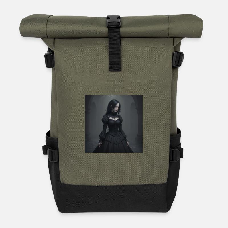 Gothic Viktorianisches Schwarzkleid - Rolltop Rucksack - Olive/Schwarz