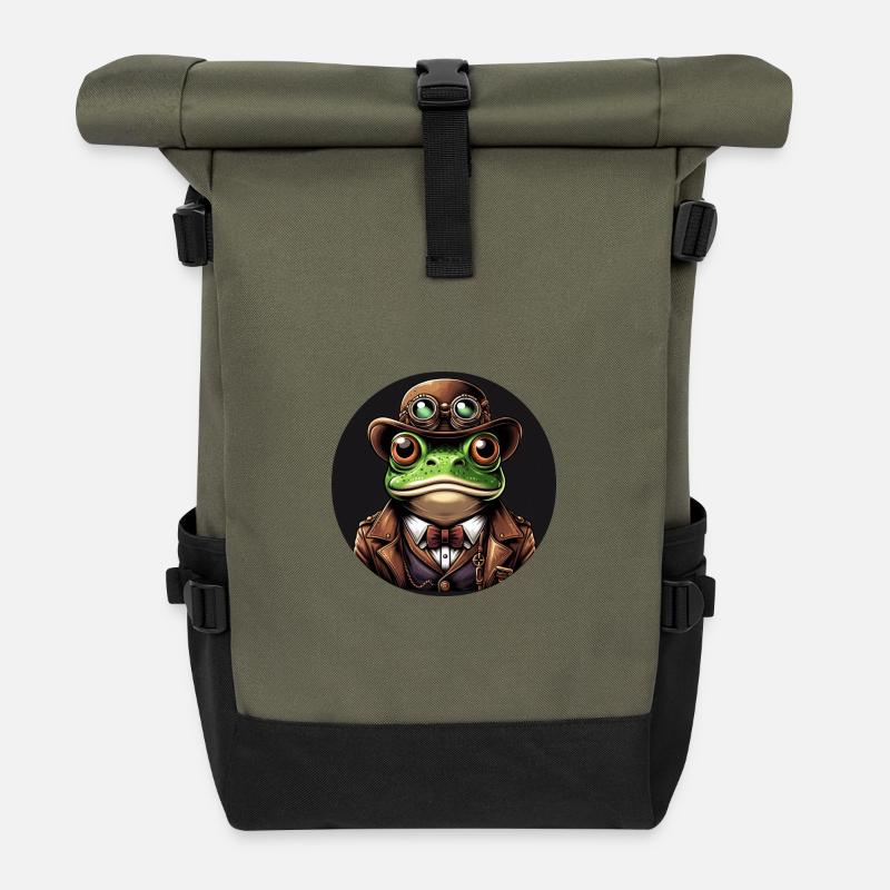 Frosch im Steampunk Outfit - Rolltop Rucksack - Olive/Schwarz