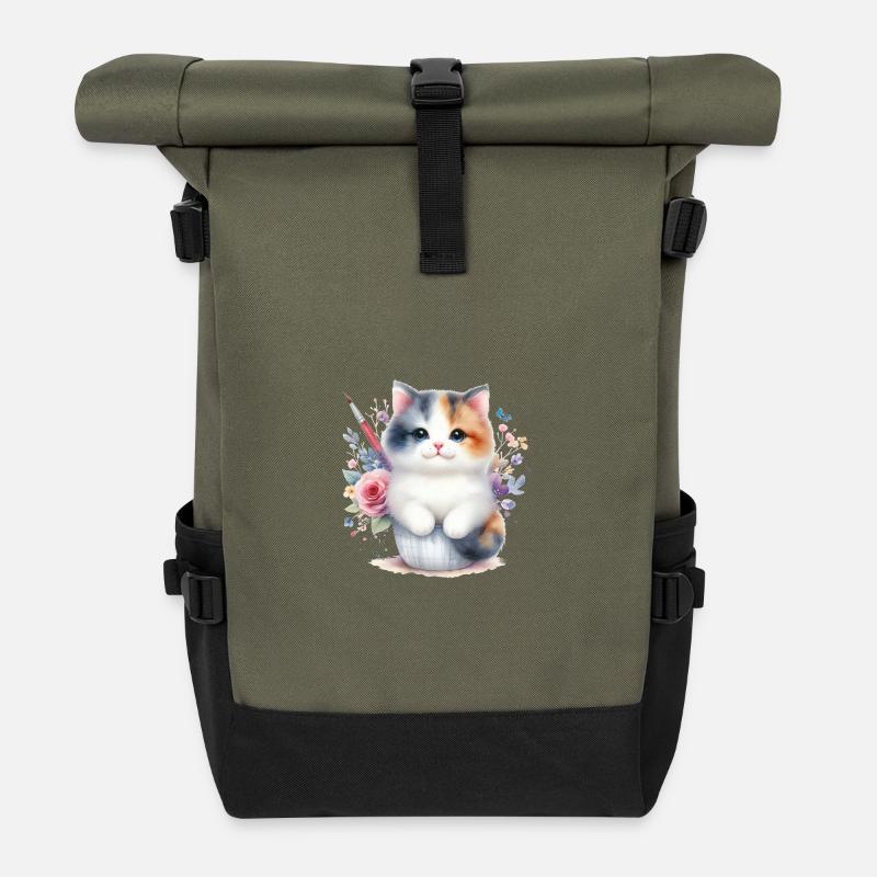 Süße Katze - Rolltop Rucksack - Olive/Schwarz