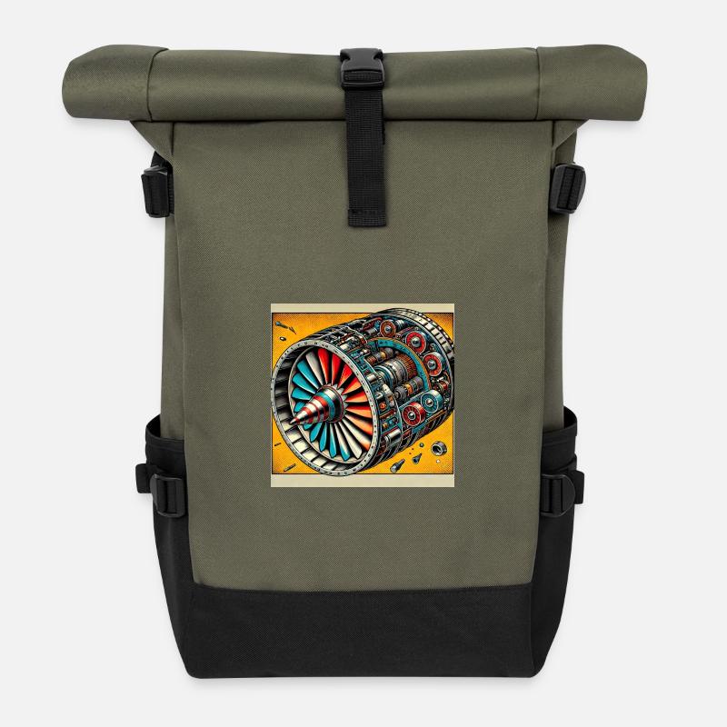 Turbine Unleashed: Comic Art - Airplane Turbine - Roll Top Backpack - olive/black