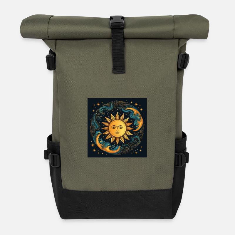 Solar Moon Cycle Cosmic Art - Roll Top Backpack - olive/black