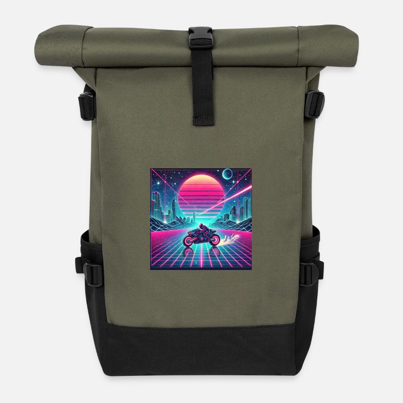 Neon Grid Odyssey – Synthwave trifft Tron Legacy - Rolltop Rucksack - Olive/Schwarz