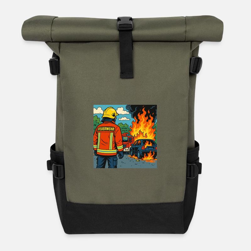 Brandbekämpfer Cartoon Einsatz - Rolltop Rucksack - Olive/Schwarz