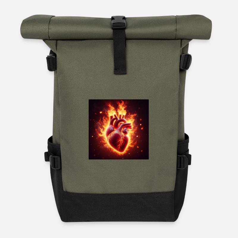 Brennendes Herz Design - Rolltop Rucksack - Olive/Schwarz