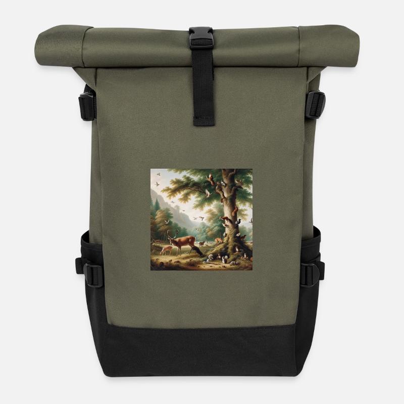 Waldszene mit Rehen und Natur - Rolltop Rucksack - Olive/Schwarz