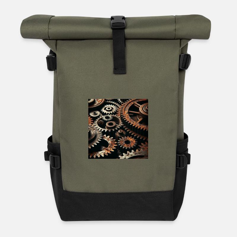 Mechanical Gears Design - Roll Top Backpack - olive/black
