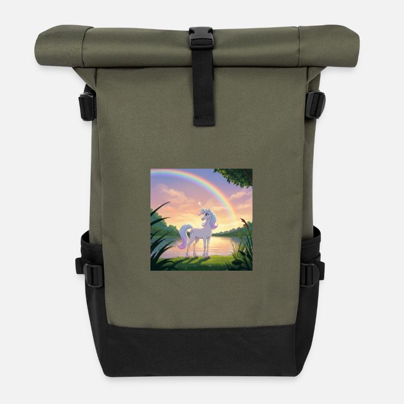 Einhorn unter dem Regenbogen - Rolltop Rucksack - Olive/Schwarz