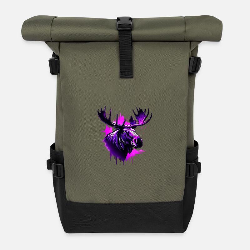 Neon Abstrakter Elch mit Stadt-Hintergrund - Rolltop Rucksack - Olive/Schwarz