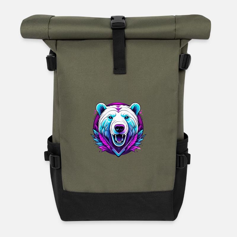 White Bear with Neon Accents - Roll Top Backpack - olive/black