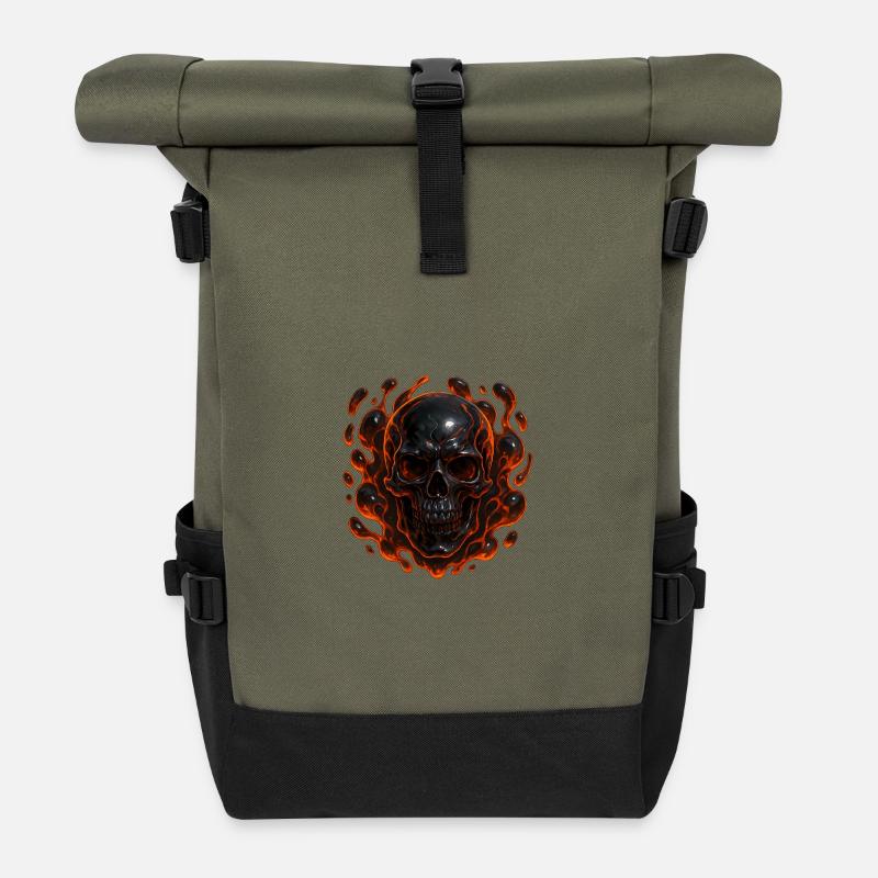 Flammender Totenkopf - Rolltop Rucksack - Olive/Schwarz
