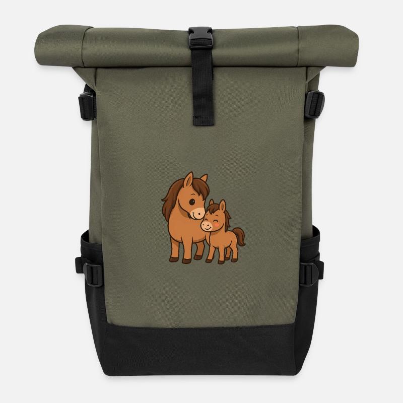 Mama Pferd kuschelt mit ihrem Babypferd - Rolltop Rucksack - Olive/Schwarz