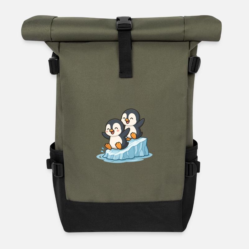 Zwei Baby-Pinguine spielen auf dem Eis - Rolltop Rucksack - Olive/Schwarz