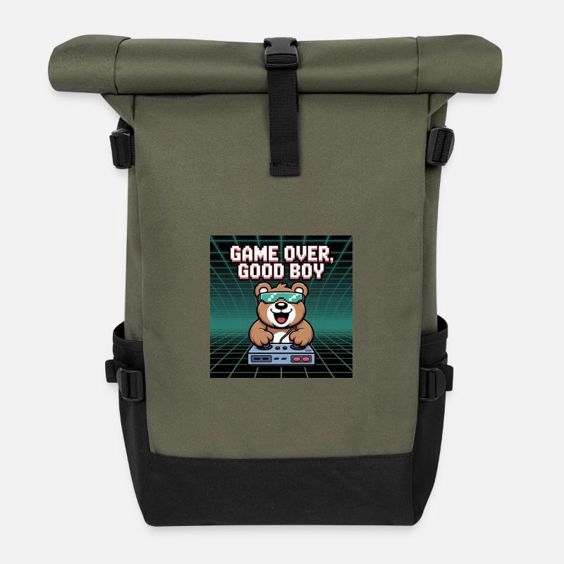 Retro Gaming Cute DJ Bear - Roll Top Backpack - olive/black