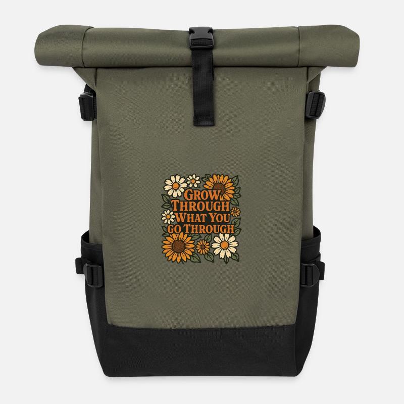 Floral Pattern with Motivational Quote - Roll Top Backpack - olive/black