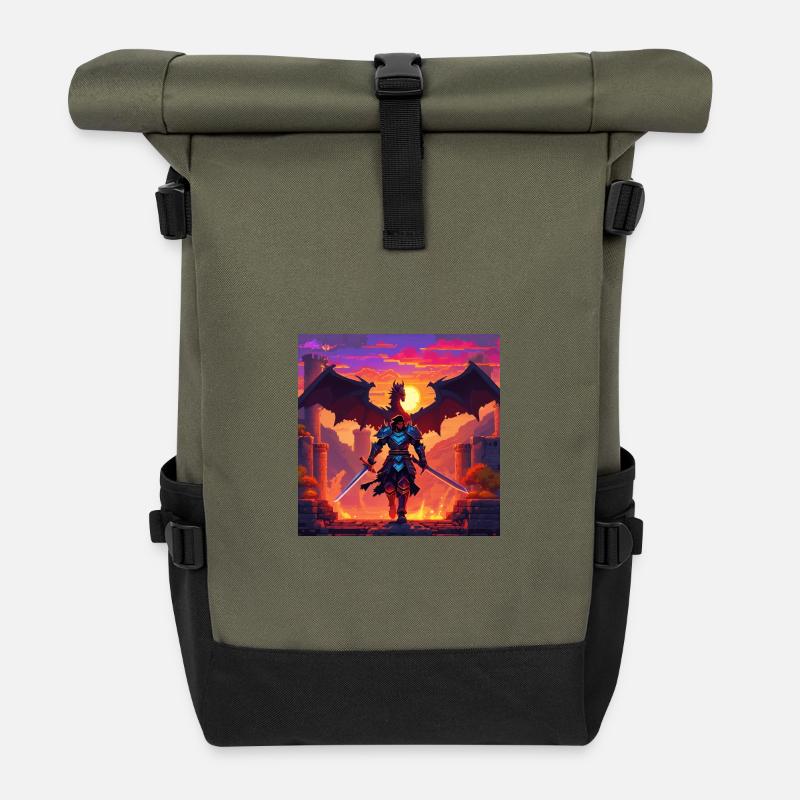 Dragon warrior in pixel art style - Roll Top Backpack - olive/black