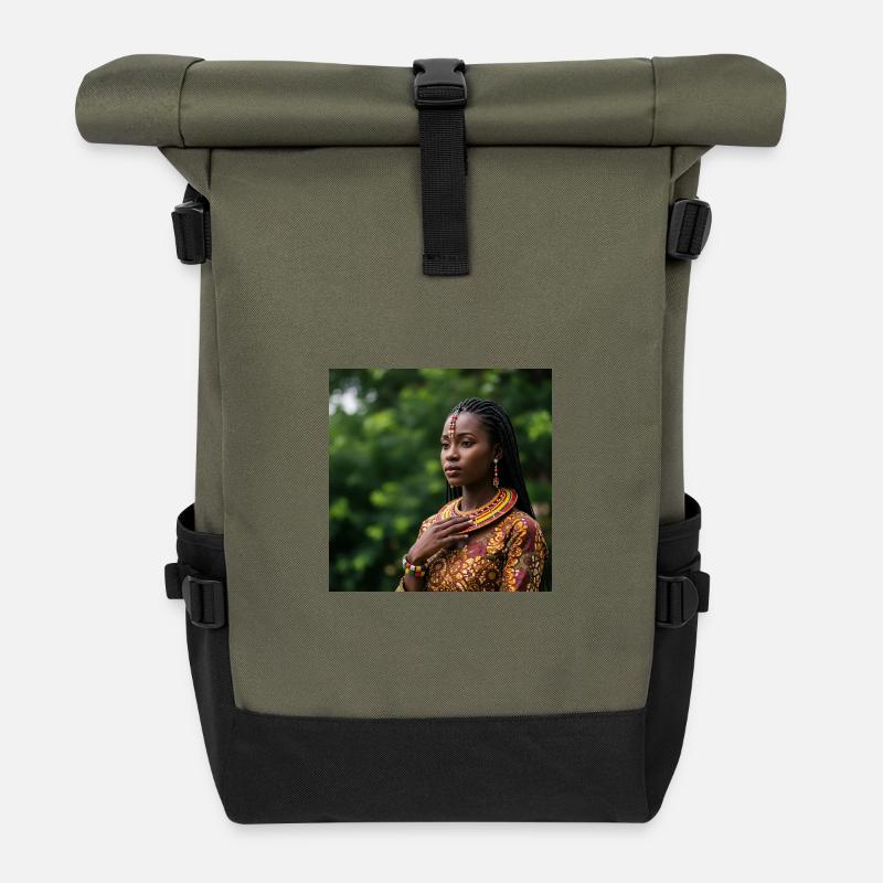 Afroetnic Portrait mit traditionellem Schmuck - Rolltop Rucksack - Olive/Schwarz