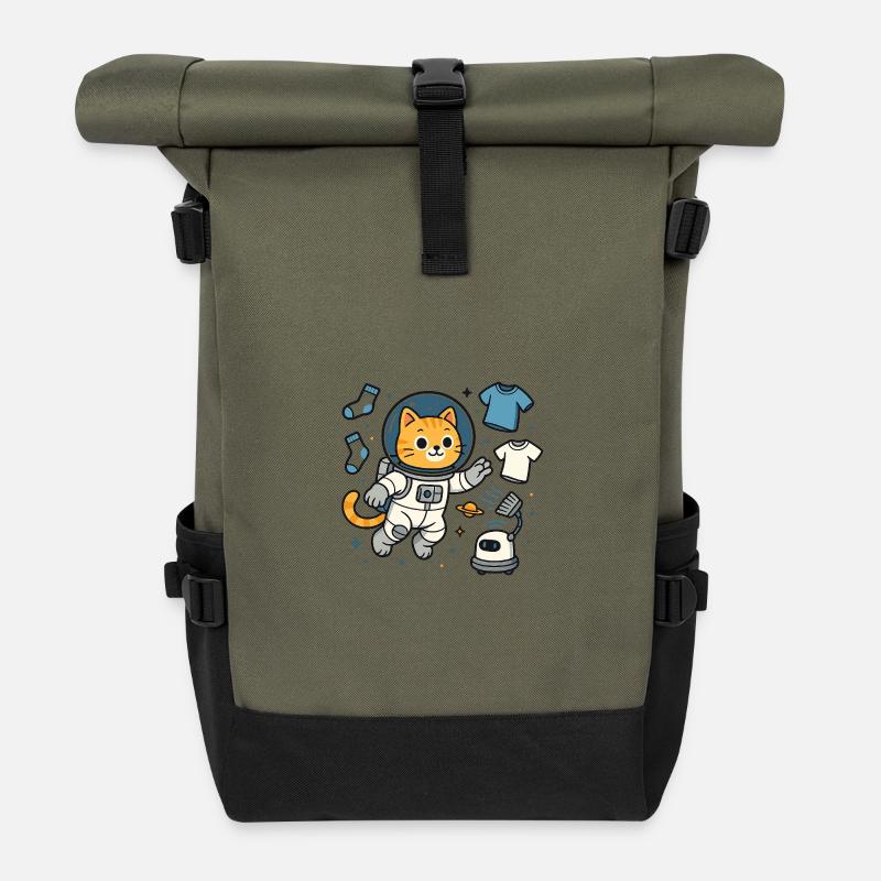 Space Cat Laundry – Kawaii Astronaut Shirt - Rolltop Rucksack - Olive/Schwarz