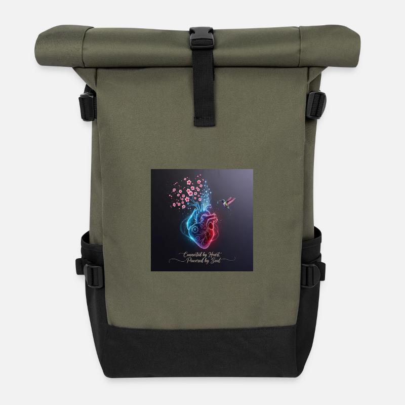 HerZschlag I Ilustration Cherry Blossoms & Hummingbird - Roll Top Backpack - olive/black