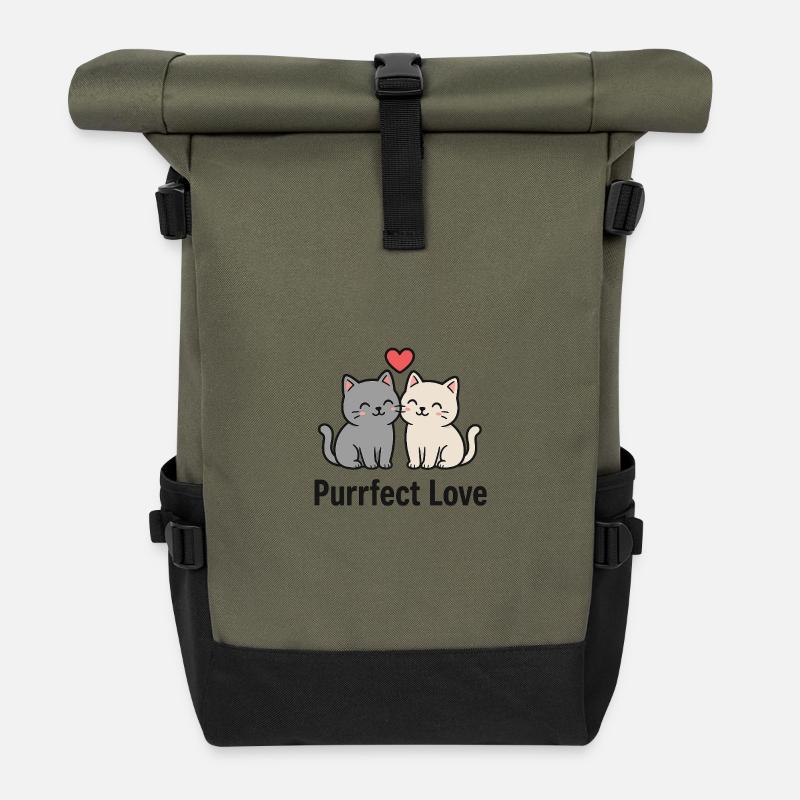 Cute Cat Couple with Heart - Roll Top Backpack - olive/black