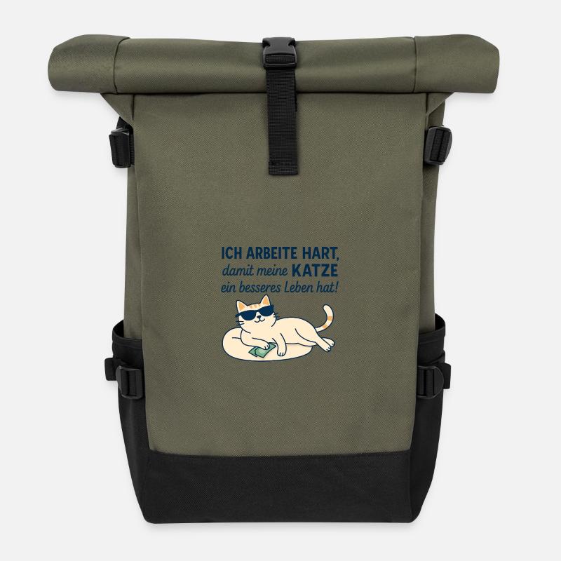 Motivational Cat Illustration with Humor - Roll Top Backpack - olive/black