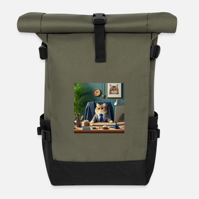 Chat Chatpreneur en Costume d'Affaires - Sac à dos roll top - olive/noir