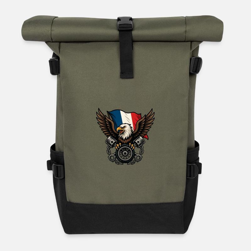 French Eagle with Flag - Roll Top Backpack - olive/black