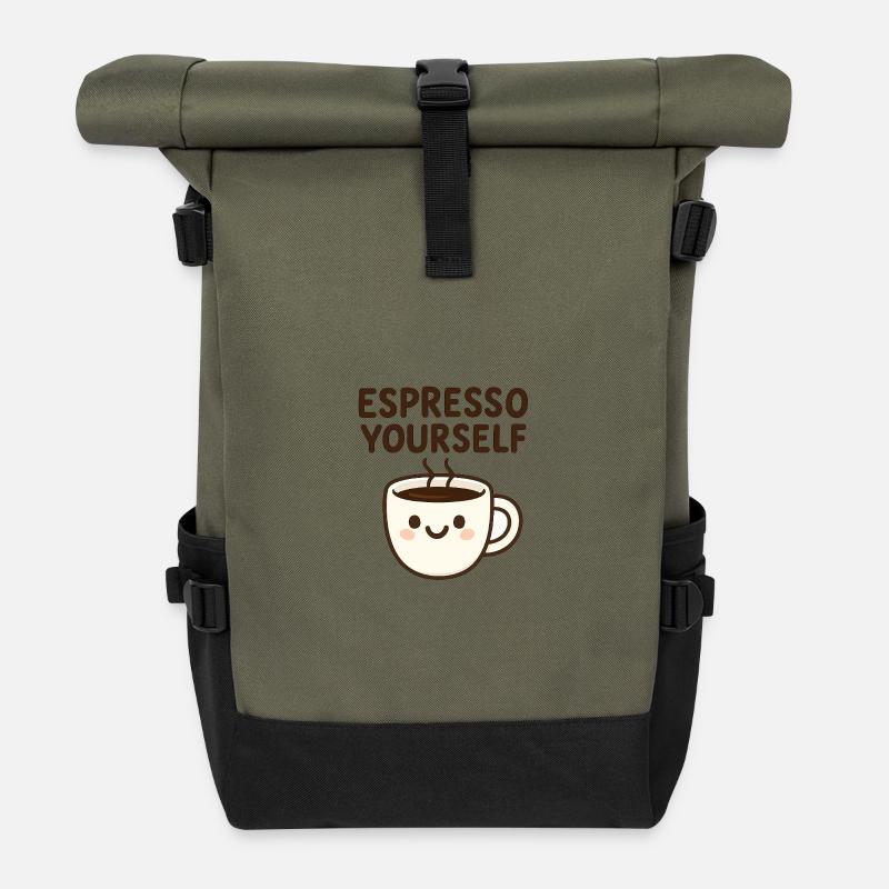 Niedliches Kawaii Kaffeetasse Design - Rolltop Rucksack - Olive/Schwarz