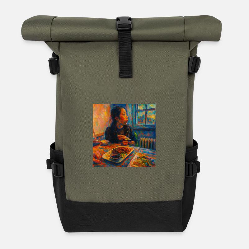 Ausdrucksstarkes Porträt von Reflexion und Essen - Rolltop Rucksack - Olive/Schwarz