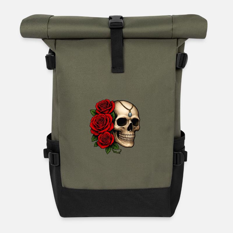 Rosen & Totenschädel Tattoo Design - Rolltop Rucksack - Olive/Schwarz