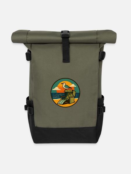Strandkorb Design mit Möwe - Rolltop Rucksack - Olive/Schwarz