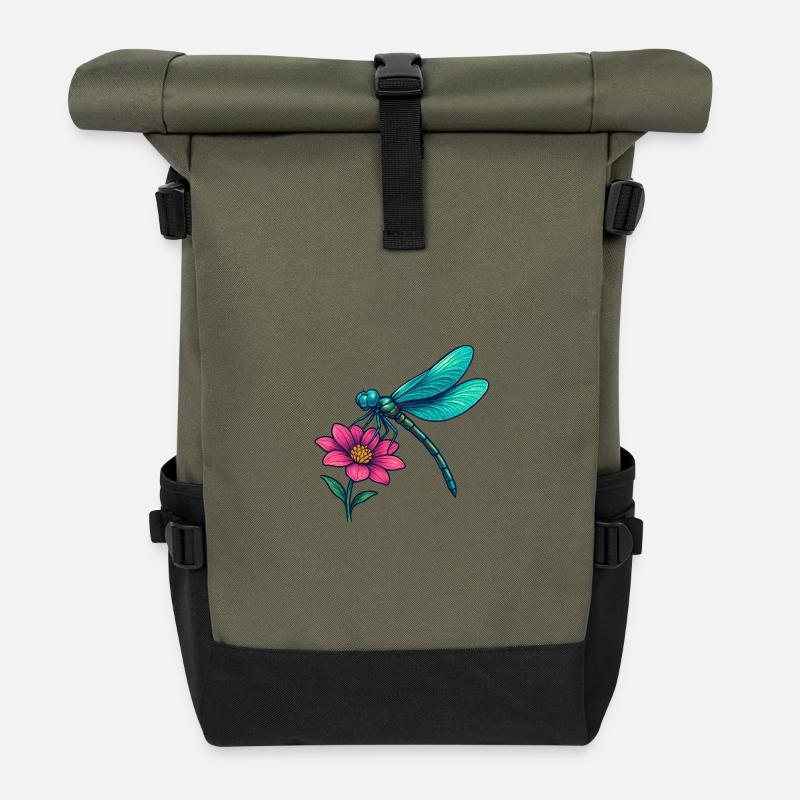 Libelle auf der Blume  - Rolltop Rucksack - Olive/Schwarz