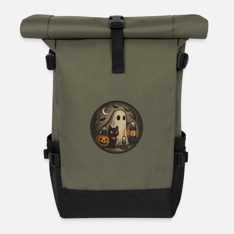 Spukige Halloween-Nachtszene mit Katze - Rolltop Rucksack - Olive/Schwarz