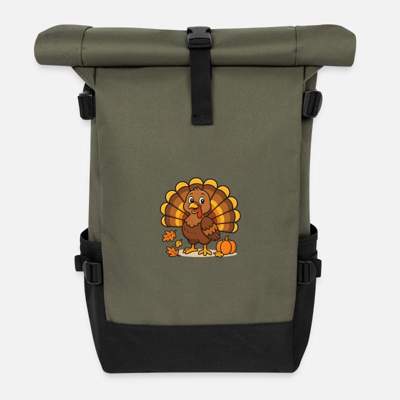 Dinde de dessin animé automnal à la citrouille - Sac à dos roll top - olive/noir