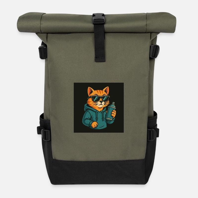 Graffiti Cat Hoodie Spray Can - Roll Top Backpack - olive/black