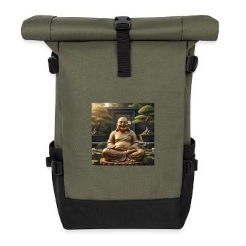 Goldener Lachender Buddha Gartenfigur - Rolltop Rucksack - Olive/Schwarz - Vorne
