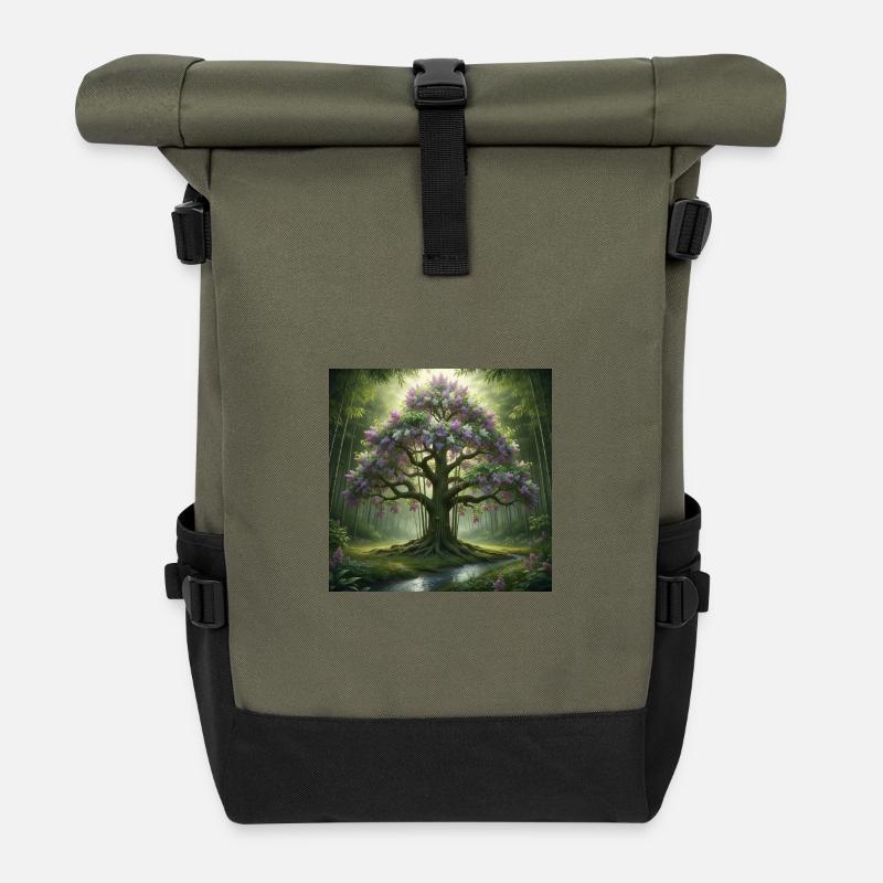 Forest tree with lilac blossoms - Roll Top Backpack - olive/black