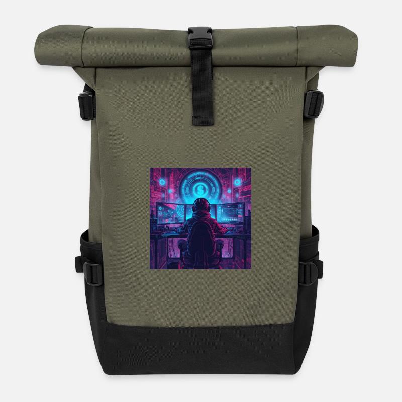 Cyber Gamer Neon Artwork - Roll Top Backpack - olive/black