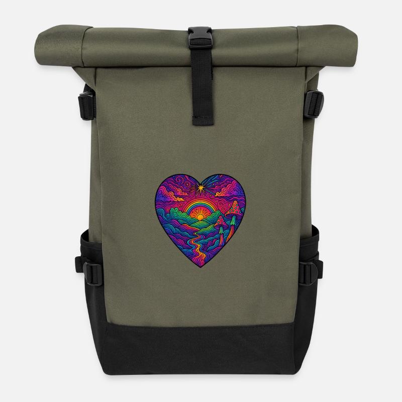 Rainbow Heart Landscape - Roll Top Backpack - olive/black