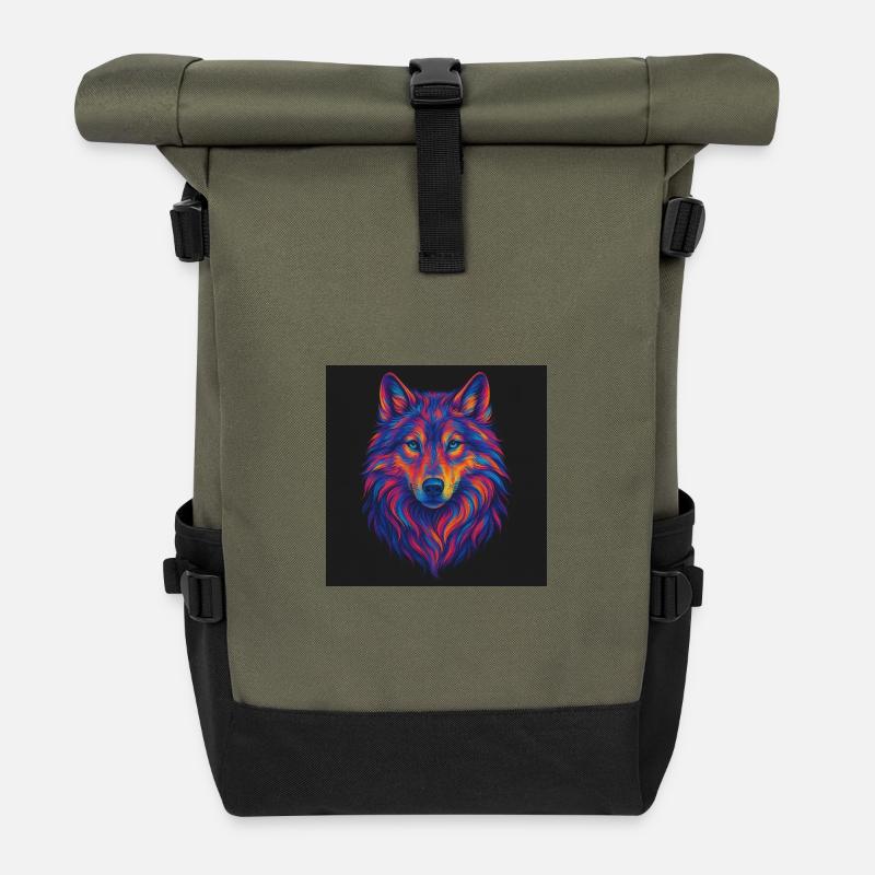 Neon Wolf Head Art - Roll Top Backpack - olive/black